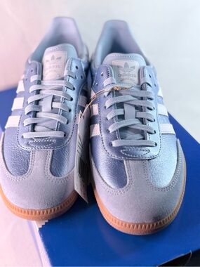 adidas Light Blue Samba OG J Sneakers with White Stripes and Gum Outsole